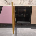 Art Deco Luxury TV Stand with White Marble Top Color Block Panels and Fluted Black Doors